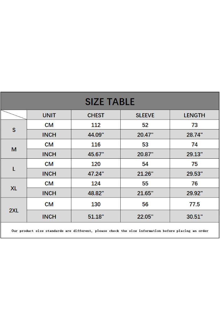 The size chart for the Ripped Edge Denim Jacket lists chest, sleeve, and length in cm and inches for sizes S–2XL. Please check all size details before ordering.