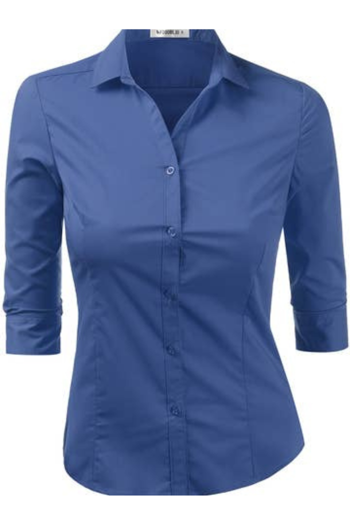 The 3/4 Sleeve Button Blouse is a fitted, tailored shirt in solid royal blue with a classic collar, button-up front, and 3/4 sleeves, shown on a plain white background.