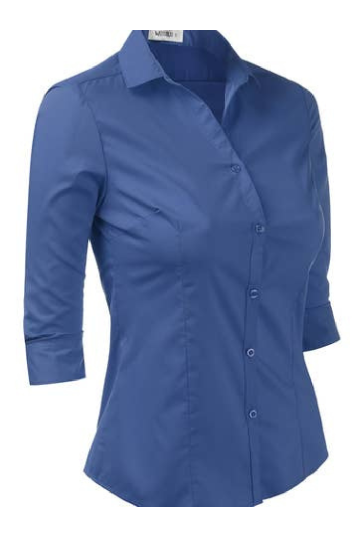 The 3/4 Sleeve Button Blouse is a fitted women’s top in solid blue with a collar, tailored seams, and button front for a professional look, shown against a white background.