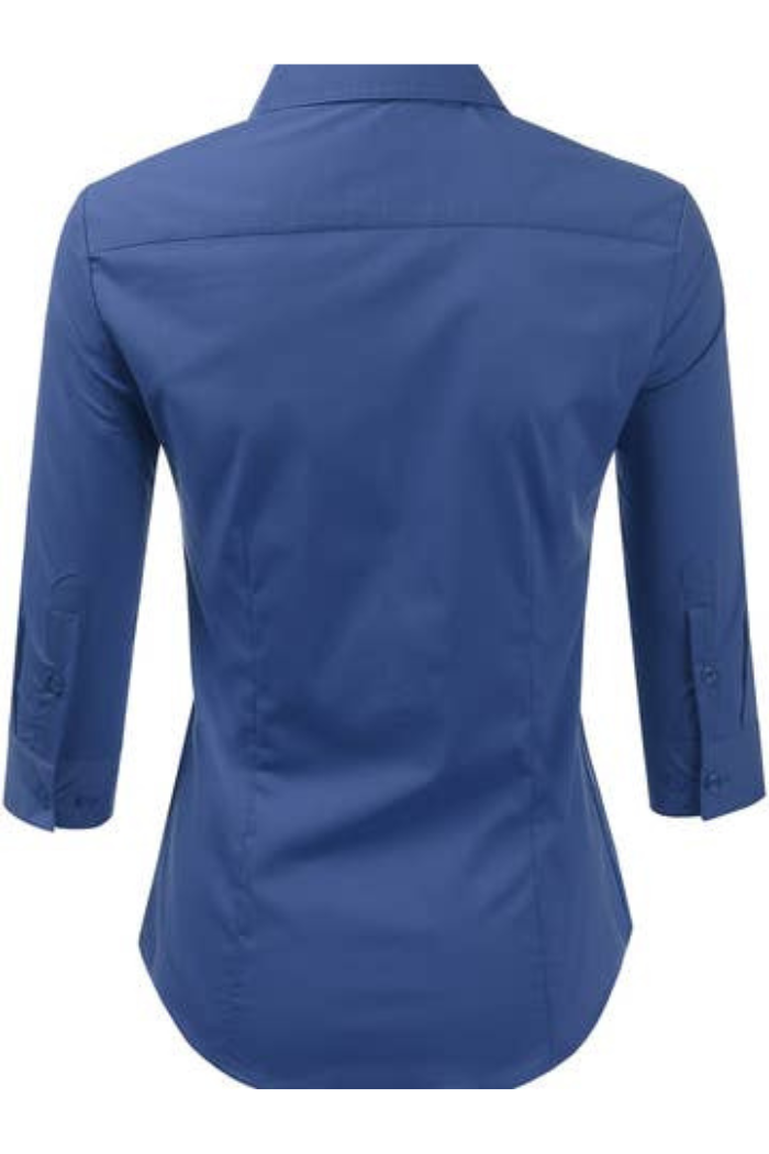 The 3/4 Sleeve Button Blouse is shown from the back, featuring a fitted silhouette in solid blue with a classic collar and folded-back cuffs for a polished, professional look.