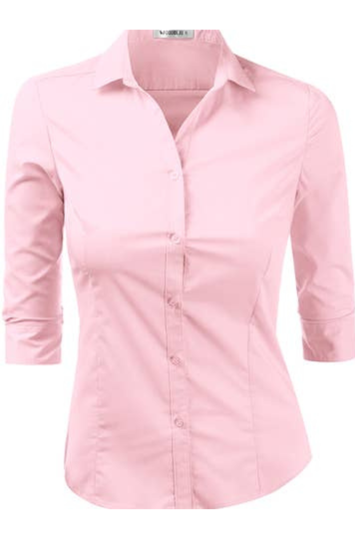 The 3/4 Sleeve Button Blouse is a light pink, tailored shirt with a classic collar and button-up front, featuring three-quarter sleeves. It's displayed against a plain white background for a professional look.