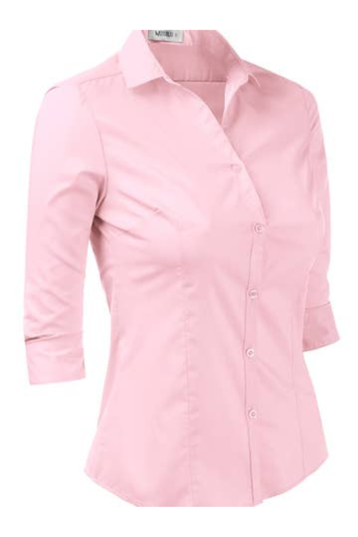 The 3/4 Sleeve Button Blouse is light pink, fitted, with a collared neckline and button front—ideal as a professional shirt. Displayed on a plain white background.