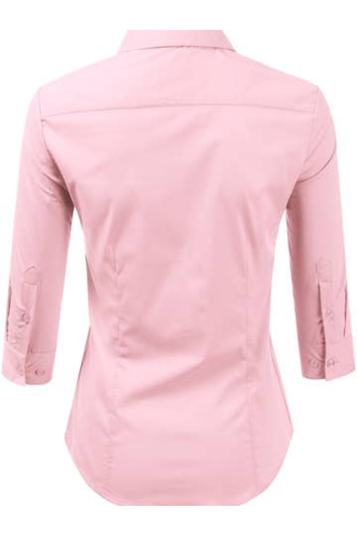 The 3/4 Sleeve Button Blouse is tailored in light pink and features a back view with a collar and sleeves rolled up with buttoned tabs for a polished, professional look.