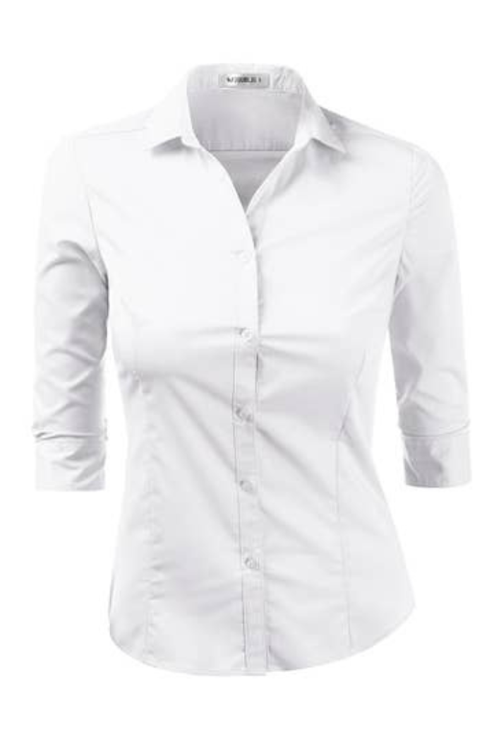 The 3/4 Sleeve Button Blouse is a crisp white professional shirt with a flattering fit and classic design, shown on a plain white background.