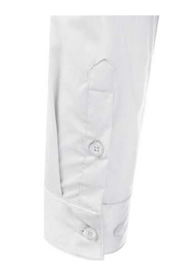 A close-up of the 3/4 Sleeve Button Blouse shows two white cuff buttons and a pointed detail above them, highlighting its professional design.