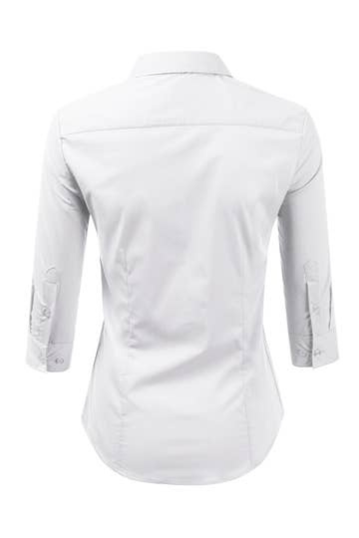 The 3/4 Sleeve Button Blouse is shown from the back, featuring a white color, collared neckline, button front, rolled-up sleeves to the elbows, and a fitted silhouette.