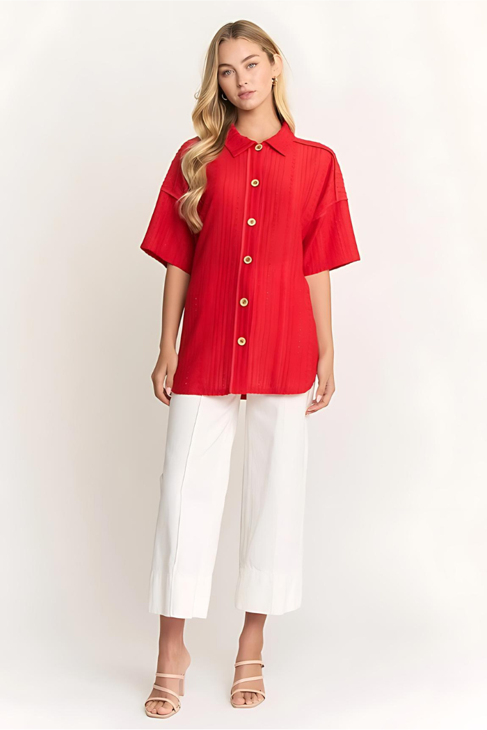 Red Eyelet Button Down