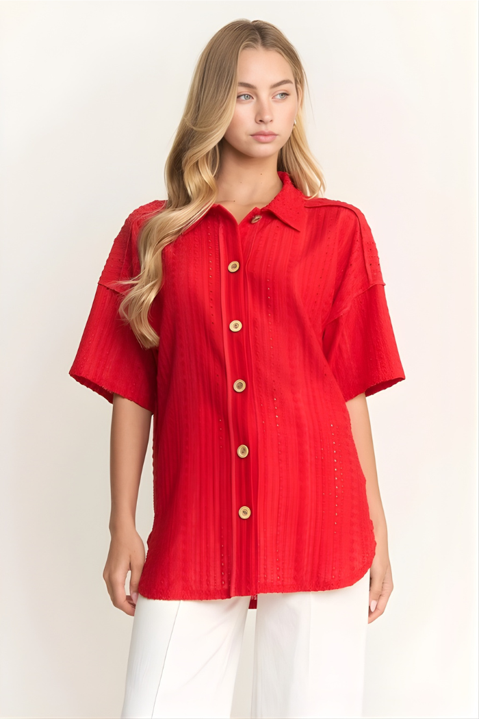 Red Eyelet Button Down