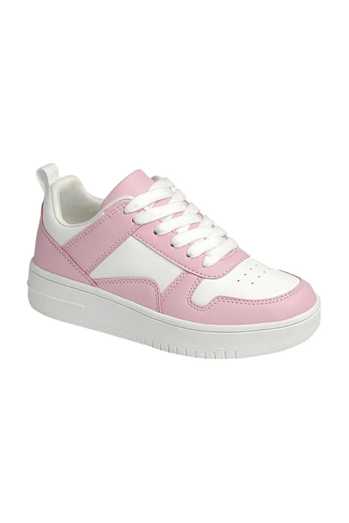 Rexx Pink Dunk Sneakers—a white sneaker with pink accents, white laces, and a chunky rubber sole—are shown at an angle on a plain white background, perfect for casual city style.
