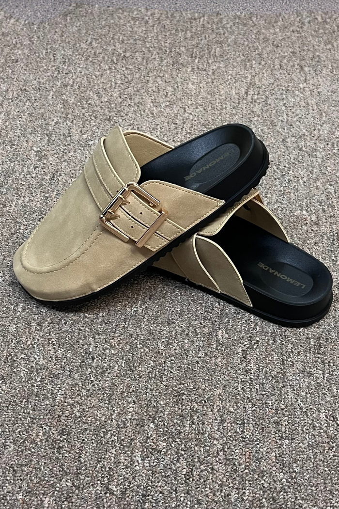 A pair of Taupe Suede Clog Mules with black soles and a decorative gold buckle are displayed on a textured brown carpet.