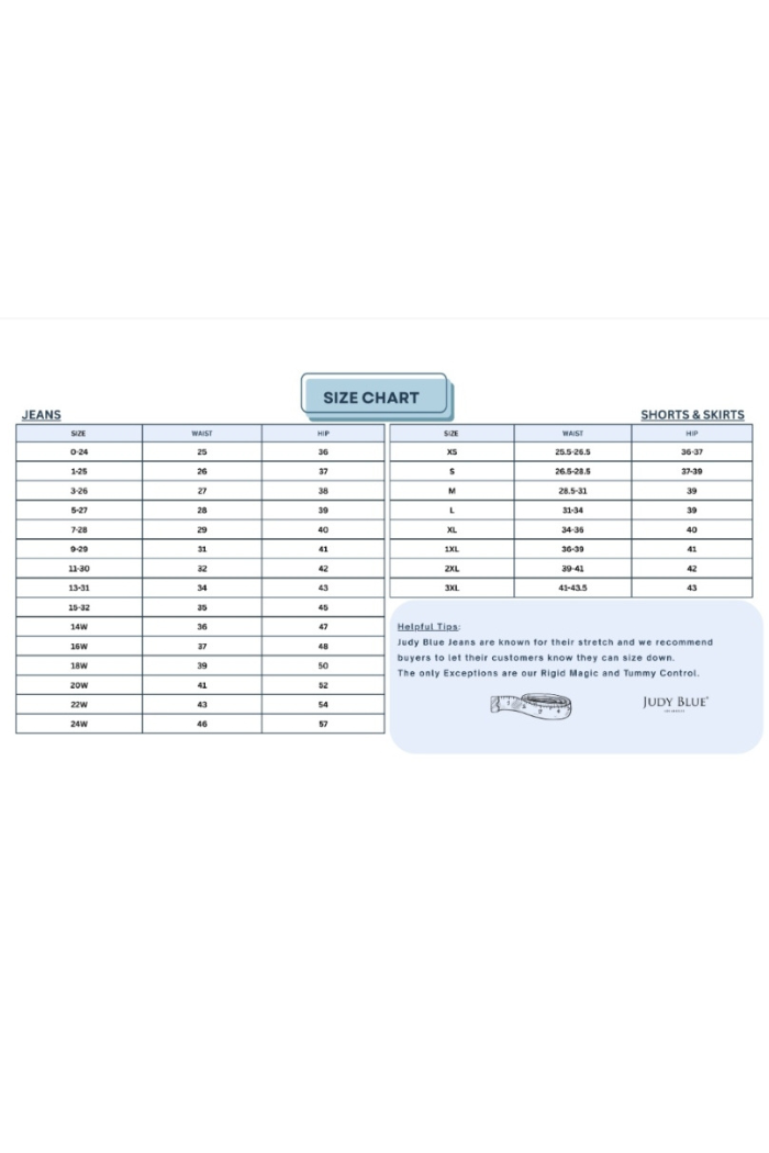 A women’s size chart for High Waist Wide Leg Jeans by Judy Blue shows waist and hip measurements for sizes 0/24 to 20W, includes fit notes, and features a measuring tape image.