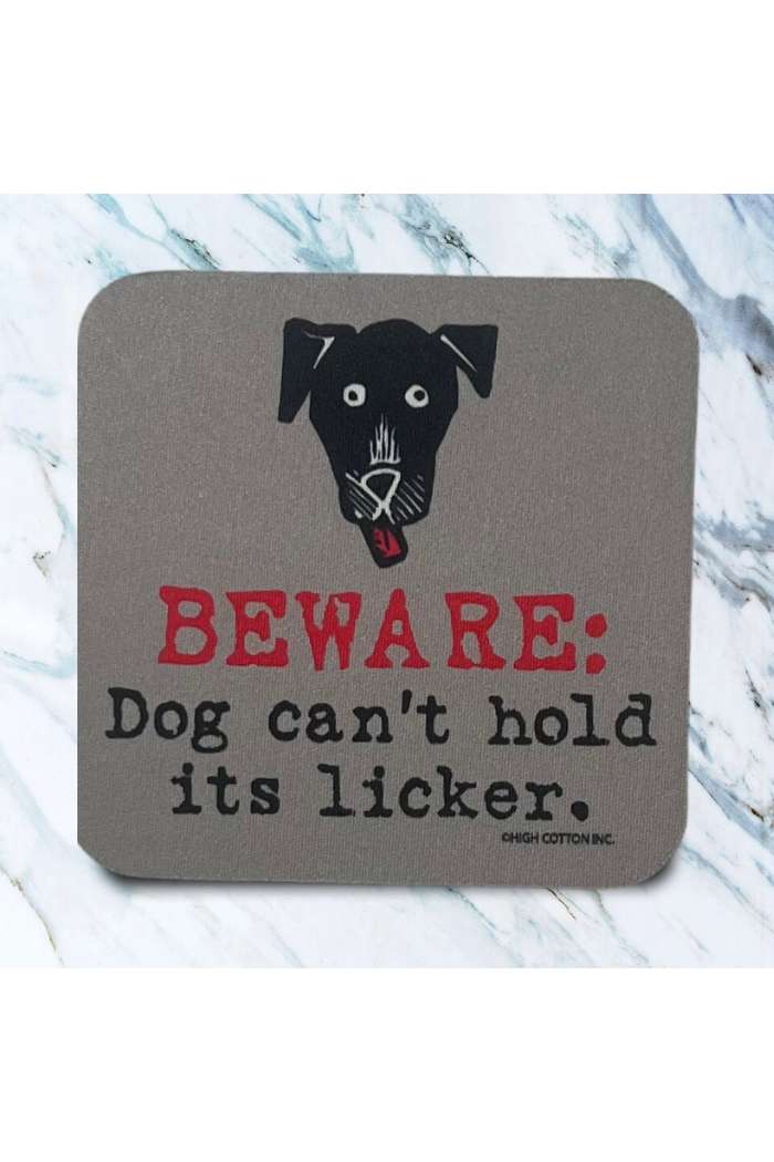 A doormat featuring a black dog and the phrase, "BEWARE: Dog can't hold its licker," on marble background—pairs perfectly with our Retro Humor Drink Coasters for a fun, coordinated entryway.