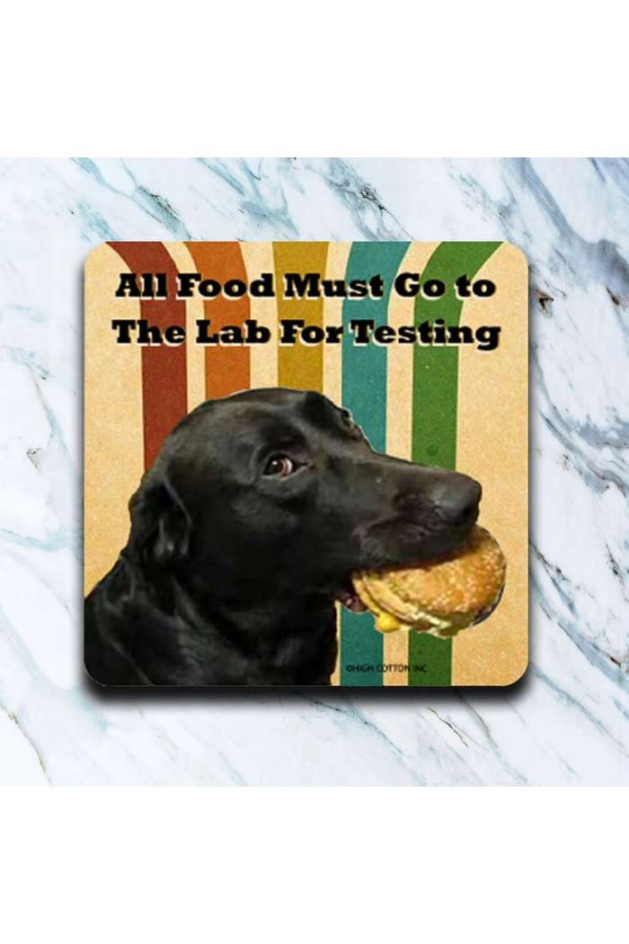 The Retro Humor Drink Coasters set features a black Labrador with a sandwich and the phrase "All Food Must Go to The Lab For Testing" on a retro striped background—perfect for fans of quirky, nostalgic drink coasters.