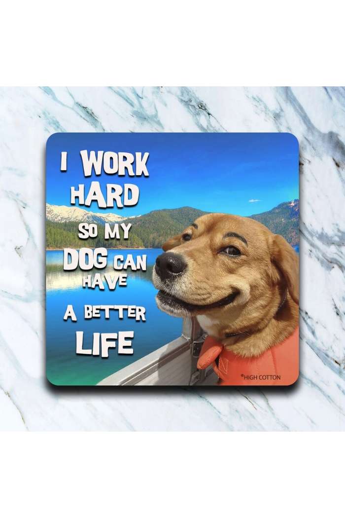 Pair your Retro Humor Drink Coasters with this mouse pad: it features a smiling brown dog on a boat with scenic lake and mountains, plus the quote, "I work hard so my dog can have a better life.
