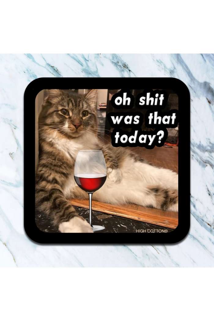 A relaxed tabby cat lounges by a glass of red wine on Retro Humor Drink Coasters, featuring the funny quote "oh shit was that today?" above its head.