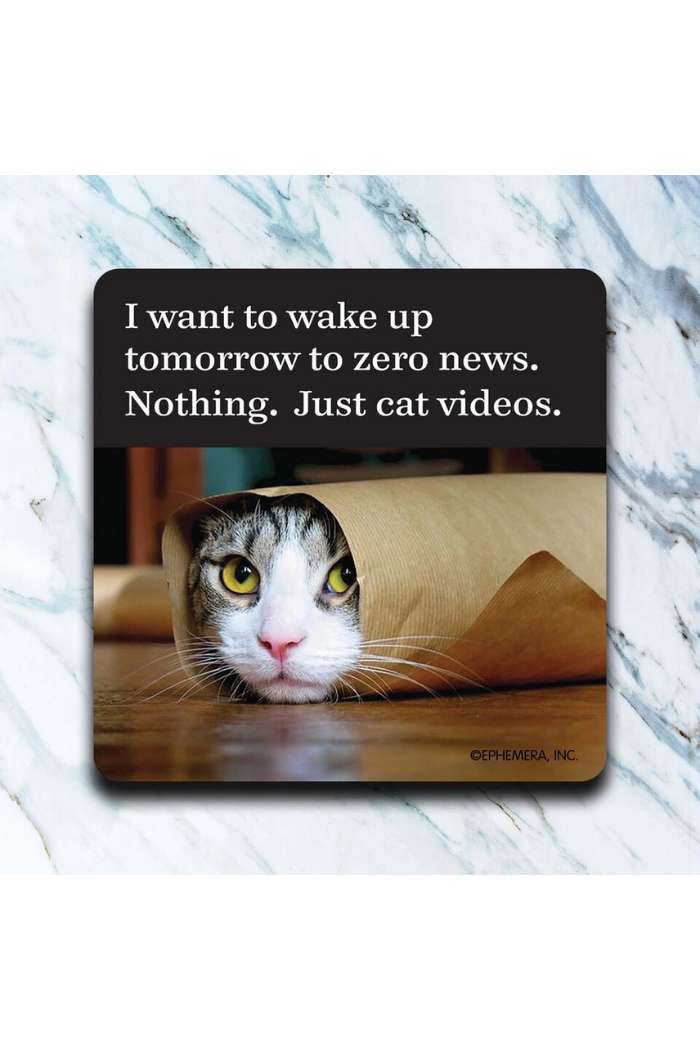 A cat peeks from under brown paper on marble, with text: I want to wake up tomorrow to zero news. Nothing. Just cat videos—ideal for your Retro Humor Drink Coasters collection.