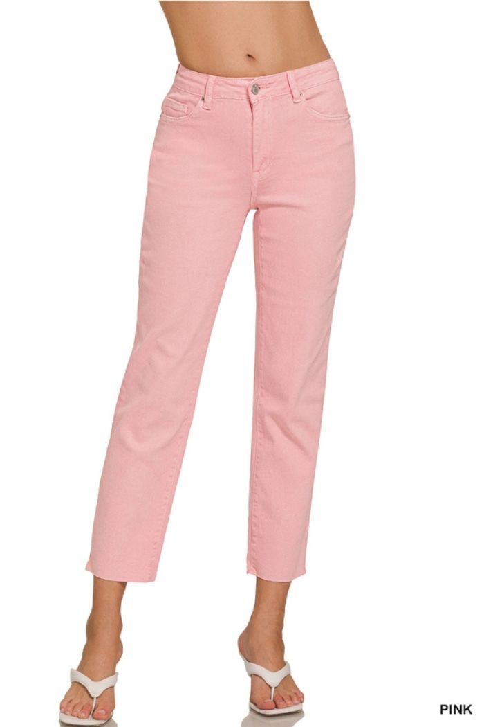 A person models Acid Wash Crop Pants in light pink with a straight-leg, high-rise fit and white sandals. Only the lower body is shown against a white background.