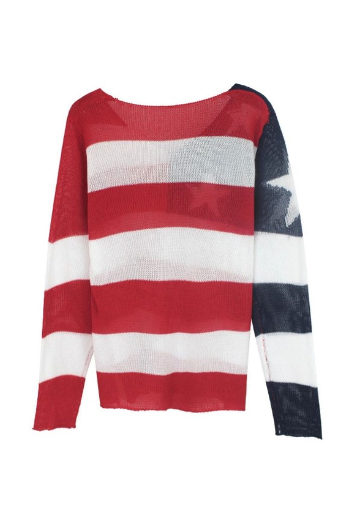 The American Flag Knit Sweater is a lightweight, long-sleeve knit featuring red and white stripes with a navy blue section and white star on one sleeve, inspired by the classic patriotic flag design.
