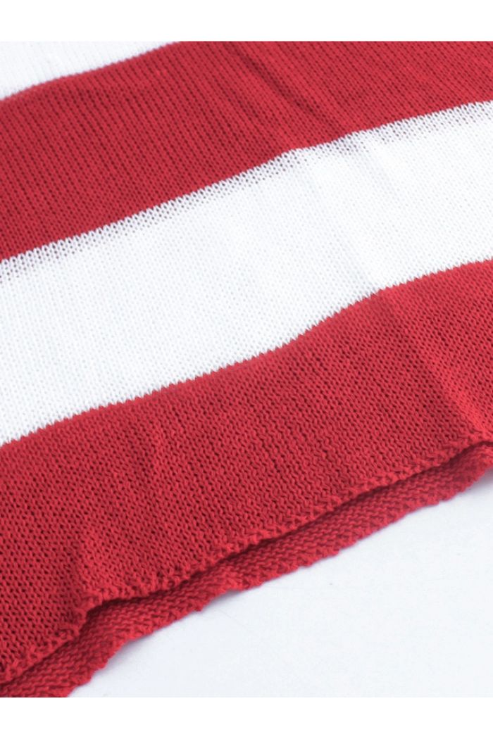 Close-up of the American Flag Knit Sweater’s lightweight fabric, showing horizontal red and white stripes with visible yarn texture in a bold, patriotic design.