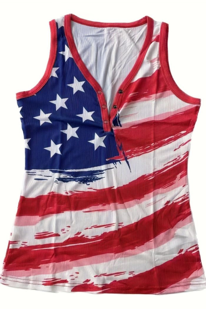 The American Flag Button Tank is a sleeveless ribbed henley with a bold flag print, red trim at the neck and armholes, and a partial button-front—ideal as a patriotic summer tank top.