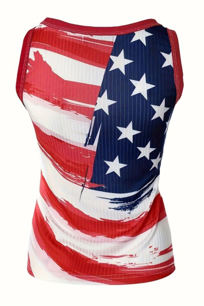 The American Flag Button Tank is a sleeveless athletic top with a bold patriotic design—red and white stripes on the left, white stars on blue on the right—perfect for showing off your American pride.