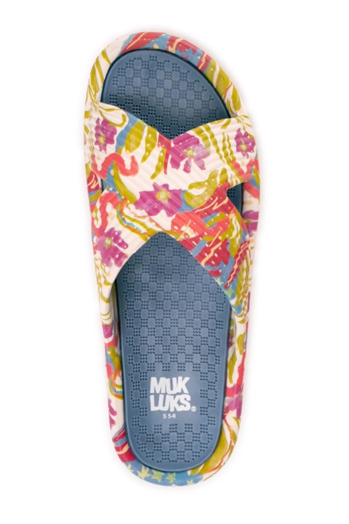 The Women's Turquoise Spa Sandals feature crisscross floral straps, a blue cushioned footbed, and white MUK LUKS branding near the heel—ideal for fans of stylish, comfortable slip-on slides.