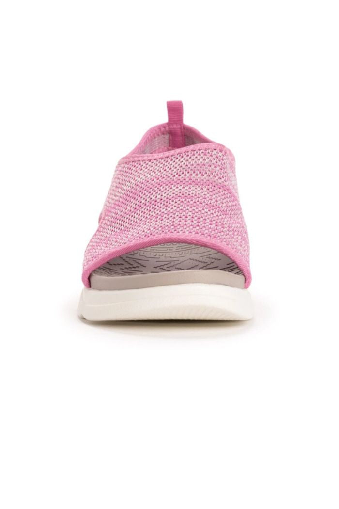 Front view of Muk Luks Zahara Sandals featuring a pink knit upper and cushioned platform sole, displayed on a plain white background.