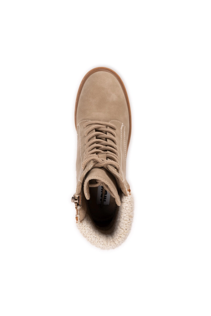 A top view of tan Sky Solange Wedge Boots with a suede lace-up design, woolly white lining, and brown sole, shown on a white background.