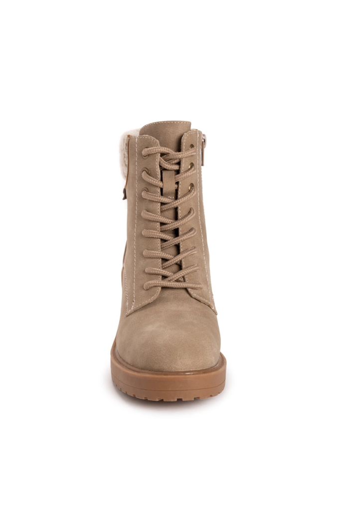 Front view of tan Sky Solange Wedge Boots in faux leather with rubber sole, round toe, visible stitching, soft textured finish, and cozy fuzzy lining showing at the top.