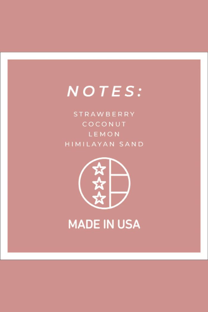 Pink graphic with white border features notes of Strawberry, Coconut, Lemon, and Himalayan Sand. A partial circle with stars and stripes says MADE IN USA. Ideal for displaying your Papa 34oz Candle or decorative jar candle.