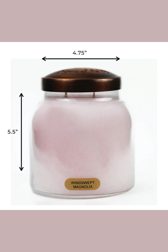 The Papa 34oz Candle features pink wax in a clear glass jar with a dark lid, measures 5.5" tall and 4.75" wide, and adds elegance to any space—a perfect large scented candle for your home.
