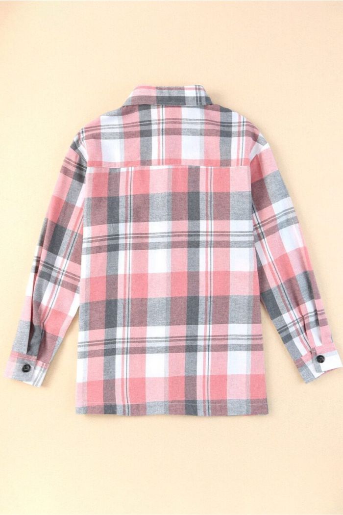 A Plaid Button Up Shirt with long sleeves in pink, white, and gray is displayed flat with the back side visible against a beige background.