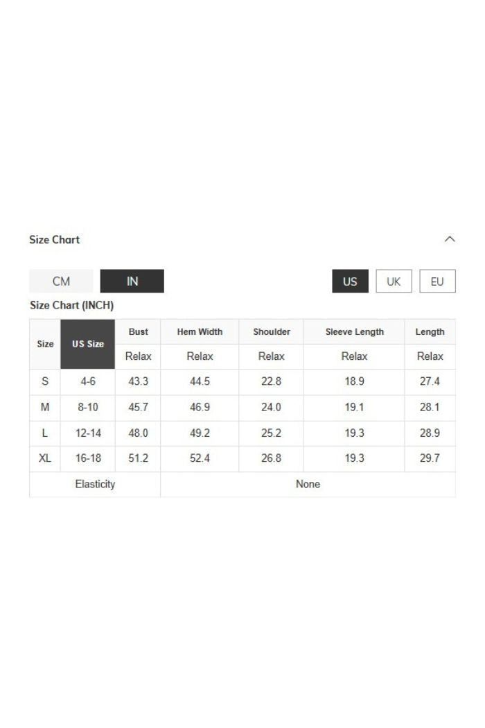 The Pink Plaid Shacket size chart shows US sizes S–XL with bust, hem width, shoulder, sleeve length, and total length in inches. No elasticity. Tabs for US, UK, and EU sizes are displayed.