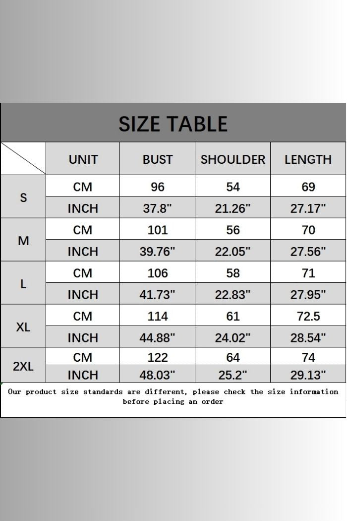 A size chart for the Textured Button Blouse lists bust, shoulder, and length in cm and inches for S-2XL. Please review sizing details before ordering this chic cap sleeve blouse.