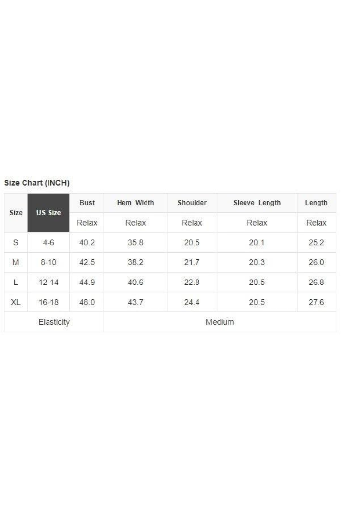 Size chart for the USA Flag Graphic Sweatshirt (S–XL) includes US size equivalents and measurements in inches—bust, hem width, shoulder, sleeve length, and length. Elasticity is noted as medium.