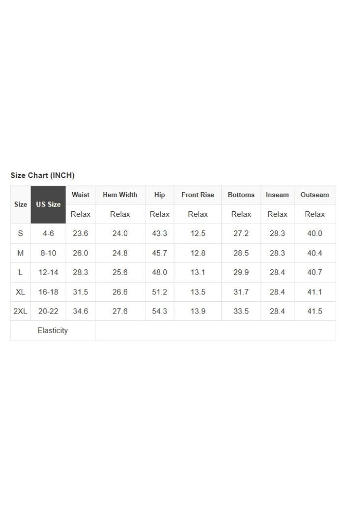The Striped Wide Leg Pants size chart (in inches) lists US sizes S–2XL with relaxed waist, hem width, hip, front rise, bottoms, inseam, and outseam measurements for each size.