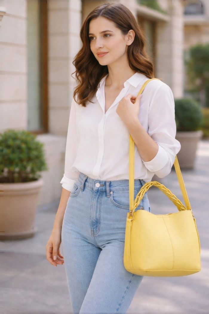 A woman with wavy brown hair wears a white button-up shirt and high-waisted light blue jeans outdoors, carrying the Lorna Crossbody Bag in yellow on her shoulder. She appears relaxed and stylish.