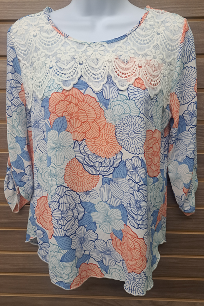 Blue floral lace 3/4 sleeve top