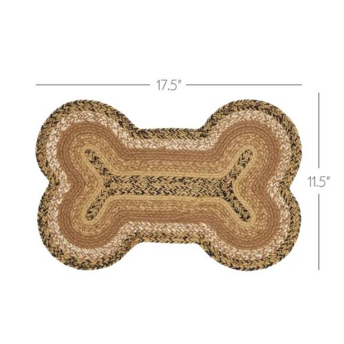 Introducing the Braided Bone Shaped Rug—a natural brown, bone-shaped mat measuring 17.5 inches wide by 11.5 inches tall. This dog rug features a stylish braided texture and layered pattern, combining durable construction with functional and attractive design for your space.
