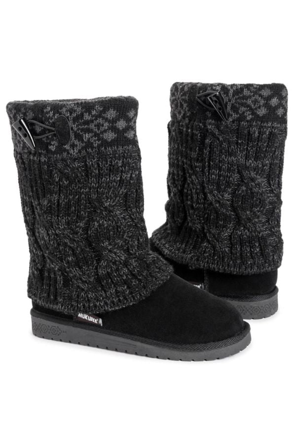 Mid-calf MUK LUKS Cheryl Toggle Boots with black suede lower sections and gray cable-knit sweater uppers featuring a toggle closure at the top.