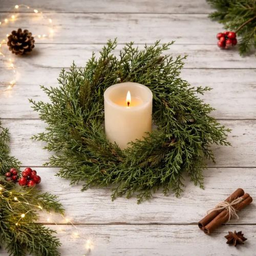 A lit white candle is nestled in the Rustic Cedar Candle Ring, featuring green pine branches and displayed on a rustic wooden table. The arrangement is surrounded by red berries, a pinecone, cinnamon sticks, star anise, and string lights—perfect for creating a charming holiday tabletop display.