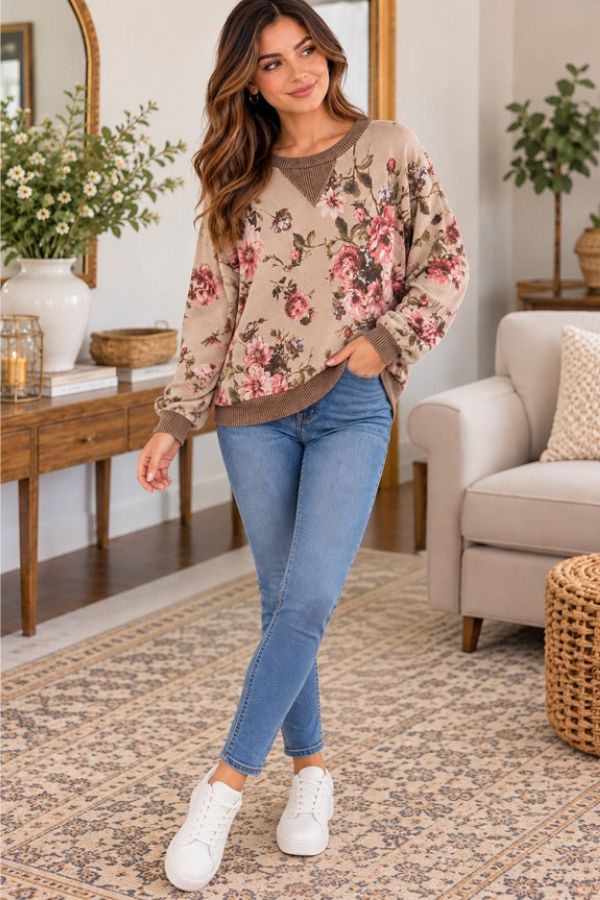 A person wears a beige, relaxed-fit Floral Ribbed Sweatshirt with a floral print, blue jeans, and white sneakers.