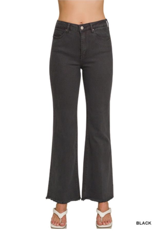 Acid Wash Wide Leg Pants in black with a high-rise waist and a raw, frayed hem.