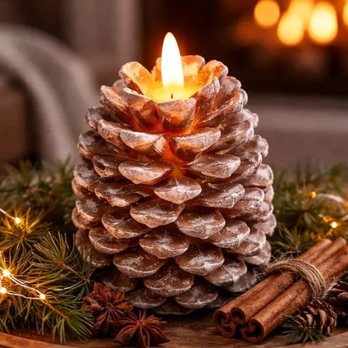 The Pine Cone Moving Flame Candle, featuring a sculpted pinecone design, rests on a table decorated with pine branches, star anise, cinnamon sticks, and string lights for a cozy, festive ambiance. Its moving flame LED gently flickers while the glow of a fireplace softly illuminates the background.
