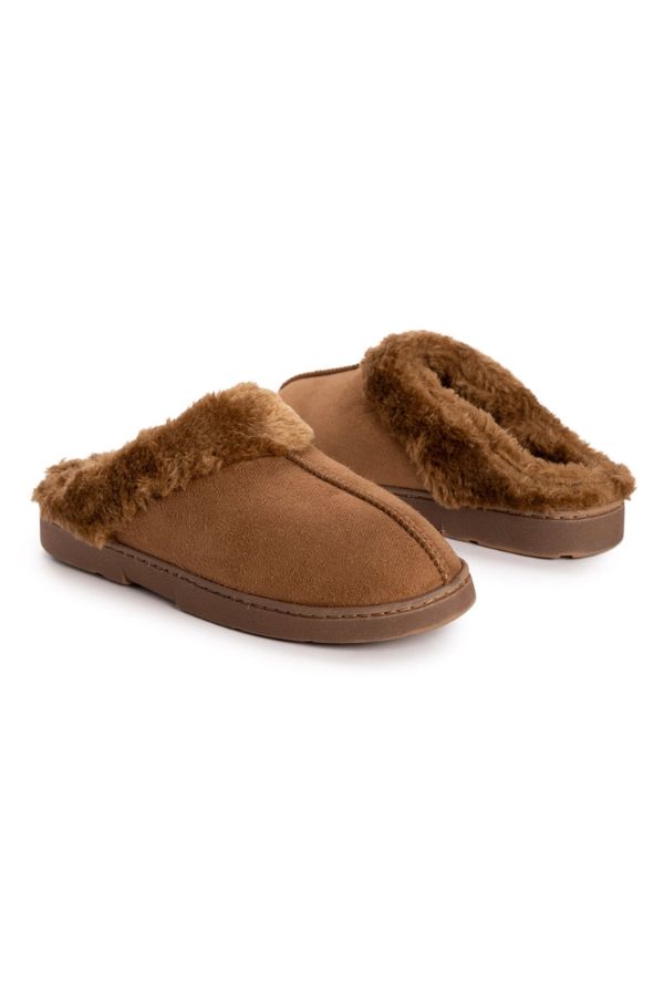 MUK LUKS Polysuede Clog Slippers in brown with faux fur lining and a memory foam insole.