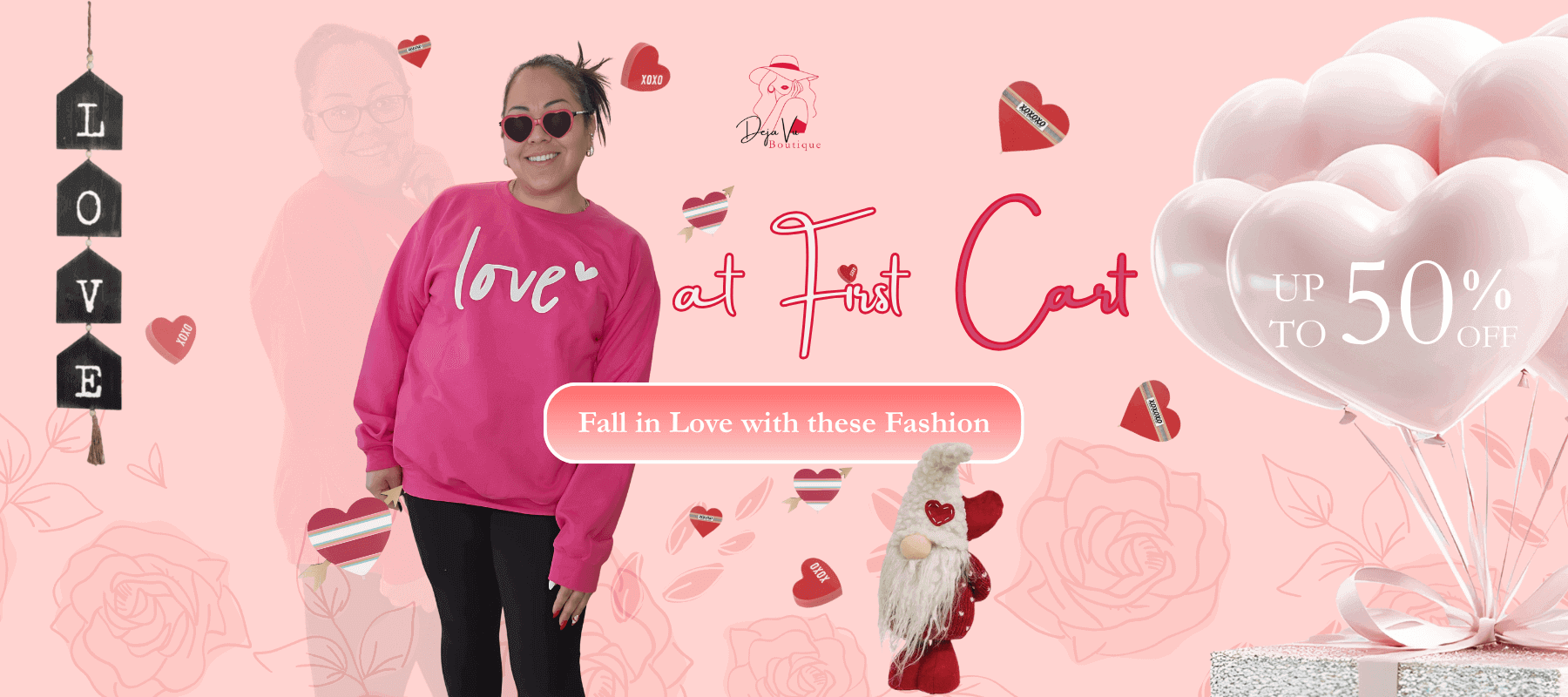 Woman wearing a pink 'love' sweatshirt on a Valentine's Day-themed background with up to 50% off promotion.