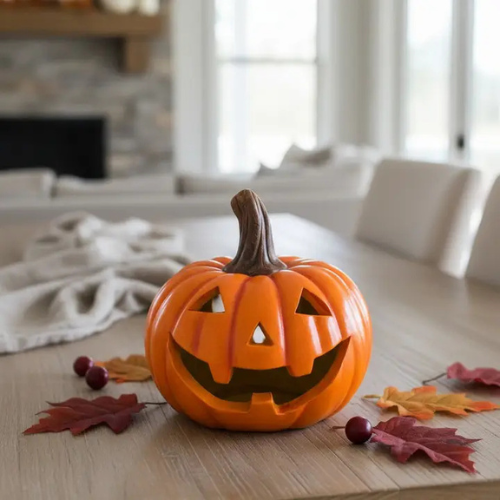 The Harvest Harry Jack-O’-Lantern, featuring a cheerful carved smile, sits atop a wooden table surrounded by autumn leaves and small berries, creating charming fall decor. In the background, a cozy and softly lit living room adds to the inviting atmosphere.
