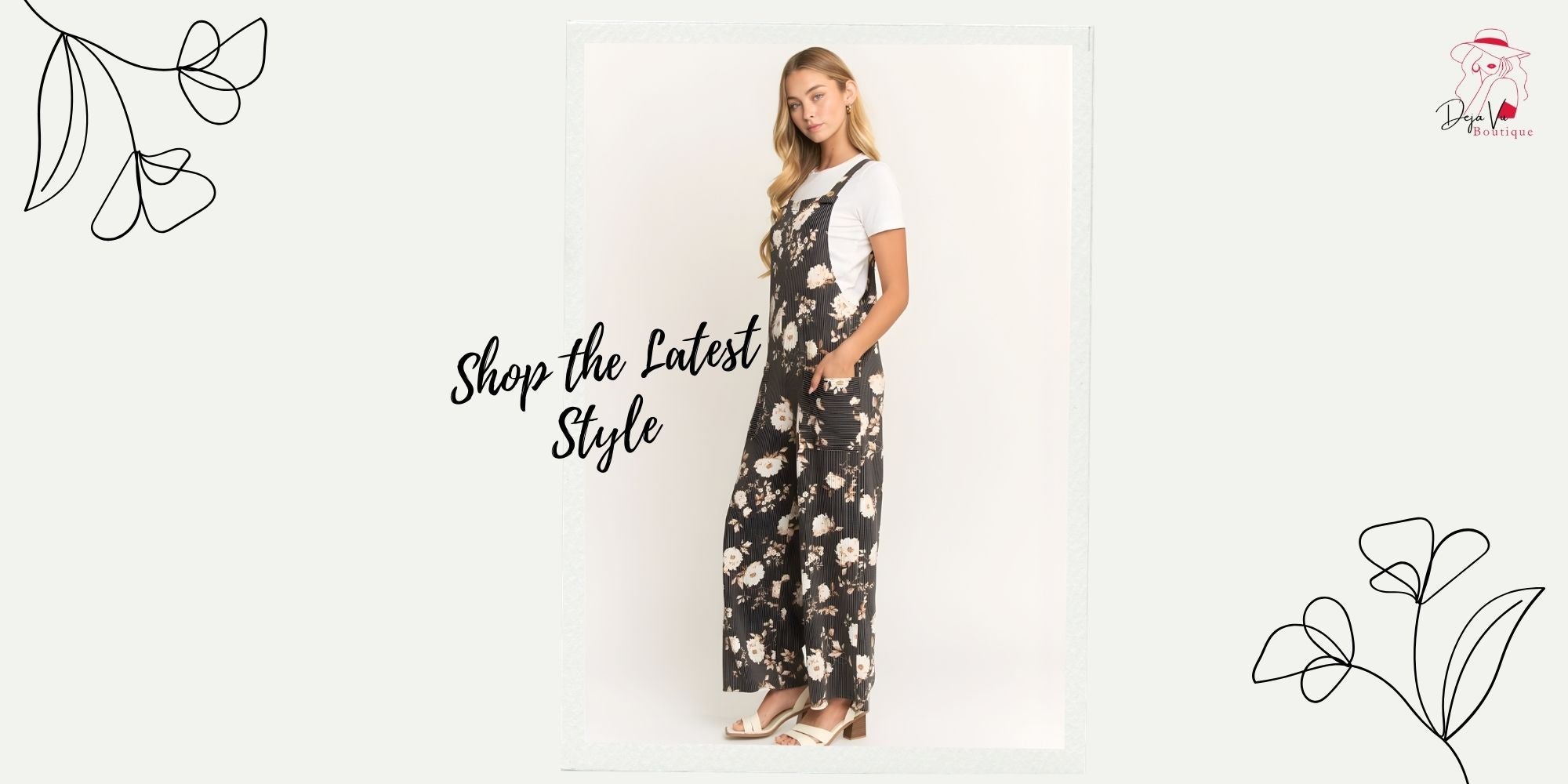 Woman wearing a floral dress with text 'Shop the Latest Style' on a white background