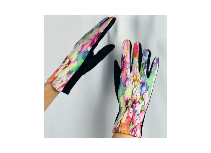 Colorful floral-patterned gloves on a white background
