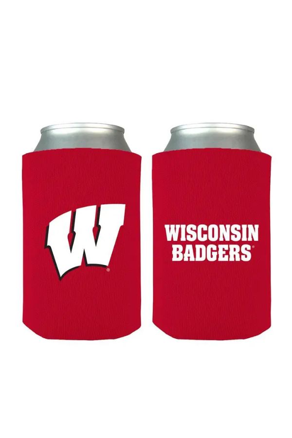 Two red Wisconsin Badgers Can Insulator sleeves: one with a bold white W logo, the other with “Wisconsin Badgers” in white text. Both fit standard silver cans.